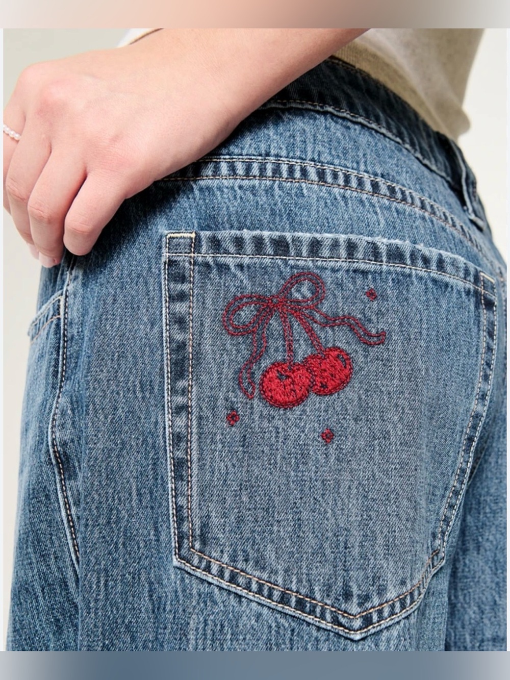 Hollister Blue Denim Jeans with Red Cherry Embroidery